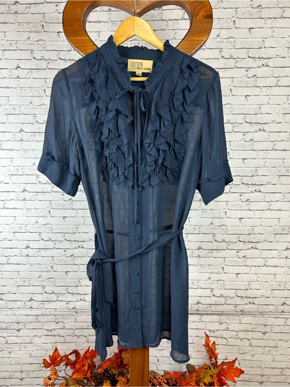 Project Alabama | 100% Silk Navy Ruffled Tie-Neck Dress size 8